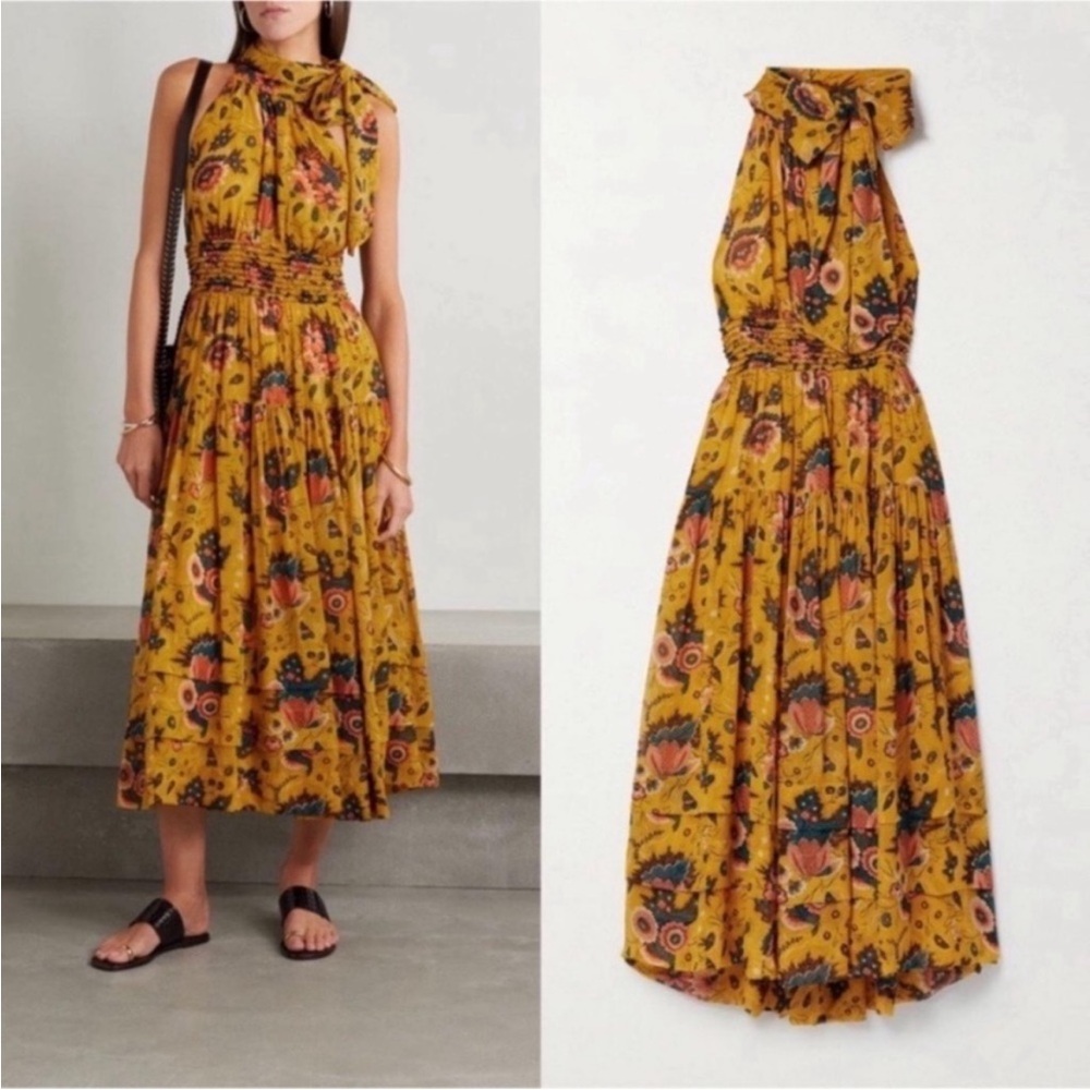 Ulla Johnson Maya Shirred Floral Print Silk Chiffon Midi Dress Marigold